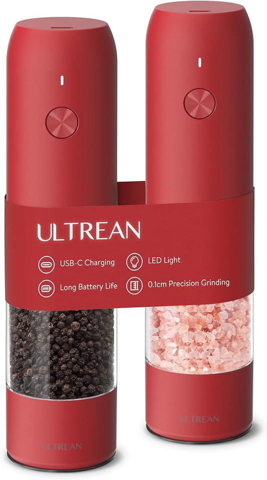 Ultrean Pepper Grinder, Rechargeable Salt and Pepper Grinder with 6 Adjustable Coarseness, LED Light, Automatic Salt and Pepper Shakers, Cooking Gifts Valentines Day Gifts for Women, Crimson Red by Ultrean