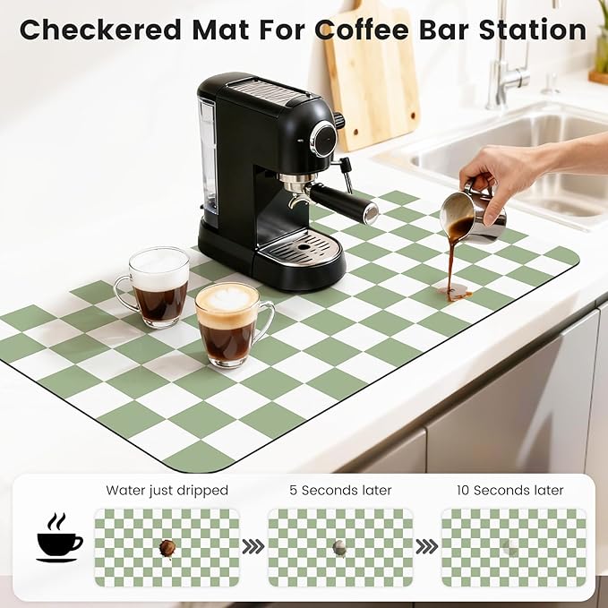 17" x 32" Checkered Dish Drying Mat for Kitchen Counter, Absorbent Coffee Bar Mat for Espresso Machine Coffee Countertops Accessories, Sage - Image 3