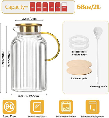 2 Pack Glass Pitcher with Handle and Lid, 68oz/ 2 Liter Classic Stripes Glass Water Pitcher with Handle for Fridge, Iced Tea, Coffee, Borosilicate Glass Carafe for Hot/Cold Brew Drink