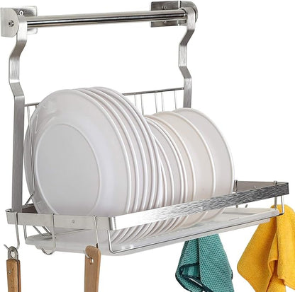 TQVAI Over Sink Dish Drainer Drying Rack, Stainless Steel Foldable Wall Mounted Dish Racks with Drainboard Hanging Rod and Sponge Holder, Silver by TQVAI