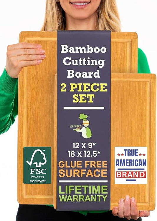 Extra Large Bamboo Cutting Board Set of 2 – Wood Cutting Boards for Kitchen with Glue-Free Surface™ & Juice Groove – Non-Toxic Wooden Chopping Boards, FSC-Certified, Durable Carving Boards - Rectangle by GreenerChef
