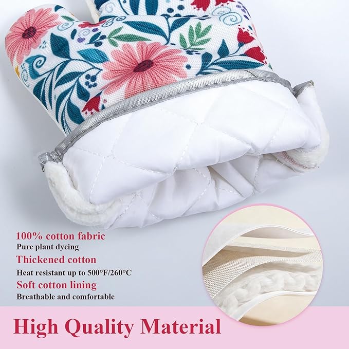 Floral Oven Mitts and Pot Holders Sets 2 Pcs, Canvas Heat Resistant Kitchen Mittens with Hot Pads, Vintage Farmhouse Country Decor, Non-Slip Cooking Baking Grilling Gifts for Women Mom (Flower2)