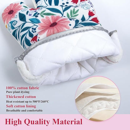 Floral Oven Mitts and Pot Holders Sets 2 Pcs, Canvas Heat Resistant Kitchen Mittens with Hot Pads, Vintage Farmhouse Country Decor, Non-Slip Cooking Baking Grilling Gifts for Women Mom (Flower2)