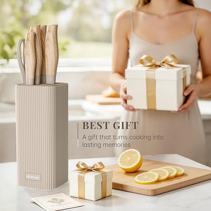 Astercook Knife Set, 6-Piece Kitchen Knife Set with Block, High Carbon Stainless Steel Ultra Sharp Kitchen Knives, Wood Grain Handle, Dishwasher Safe Knife Block Set, Khaki, Mothers Day Gifts - Image 9