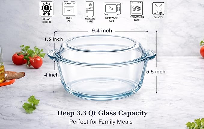 Ums 3.3 Quart Glass Casserole Dish with Lid, Round Glass Baking Dishes for Oven with Lid, Round Covered Casserole Dish, Microwave and Dishwasher Safe Clear Bakeware