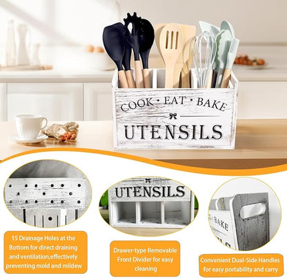 Utensil Holder,Wooden Utensil Holder for Kitchen Counter, Cooking Utensil Organizer with 3 Compartments,Utensil Crock for Silverware Spoon Spatula - Image 5