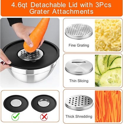TeamFar Mixing Bowls with Airtight Lids, 5PCS Stainless Steel Metal Salad Bowl with 3 Grater Attachments, for Cooking, Prepping, Serving, Healthy & Easy Clean - 0.7/1/1.5/2.6/4.6QT, Black - Image 3
