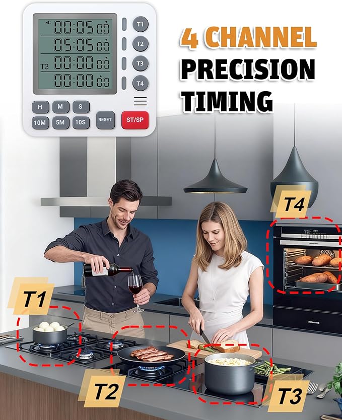 TPNEG Digital Kitchen Timer - 4-Channel Cooking Timer with Alarm, Magnetic Back, Loud & Silent Modes, Count Up/Down, Ideal for ovens, Seniors, Kids and classrooms, Replaceable AAA Battery - Image 3