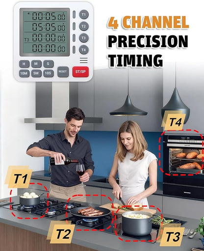 TPNEG Digital Kitchen Timer - 4-Channel Cooking Timer with Alarm, Magnetic Back, Loud & Silent Modes, Count Up/Down, Ideal for ovens, Seniors, Kids and classrooms, Replaceable AAA Battery - Image 3