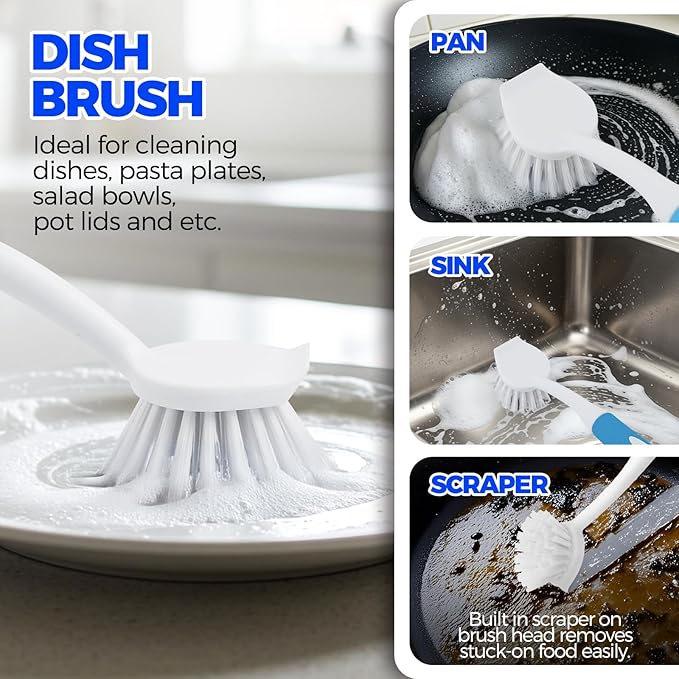 Holikme 6 Pack Dish Brush Set with Bottle Brush, Dish Scrub Brush, Pan Brush and 3 Straw Brushes, Deep Cleaning Handle Brush with Scraper Tip for Kitchen Sink Dishes Bottle Cup Pot and Pans (Azul) - Image 2