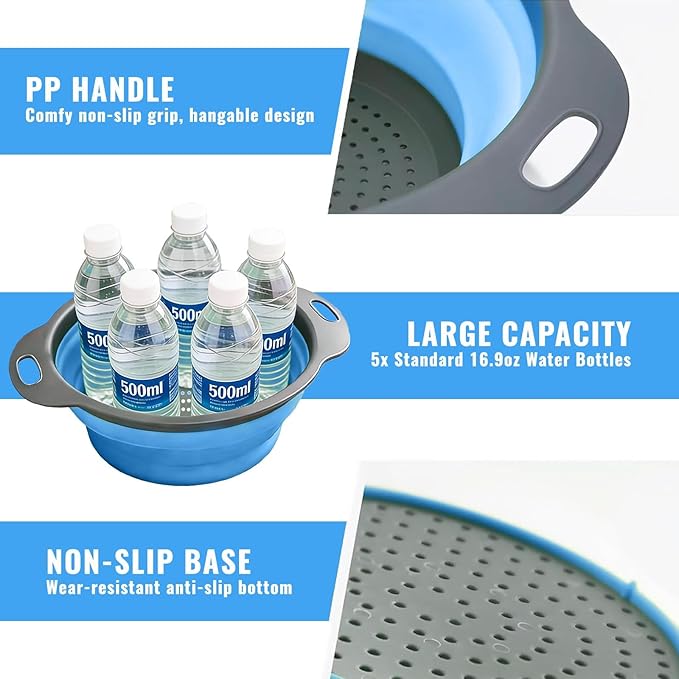 2 Pack Collapsible Silicone Colander with Handle, Over Sink Foldable Food Strainer, BPA-Free Space Saving Drain Basket for Vegetables, Fruits, Pasta, Kitchen & Camping (Blue) - Image 5
