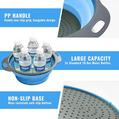 2 Pack Collapsible Silicone Colander with Handle, Over Sink Foldable Food Strainer, BPA-Free Space Saving Drain Basket for Vegetables, Fruits, Pasta, Kitchen & Camping (Blue) - Image 5