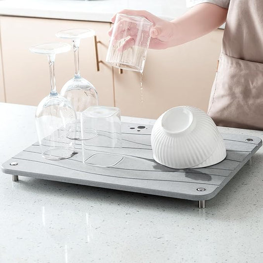 Stone Drying Mat for Kitchen Counter, Diatomaceous Dish Drying Mats Superb Absorbent with Non-Slip Stainless Steel Feet for Dishes, Bottles and more, 15.7"(L)×11.8"(W), Light Grey Wave by PlentioLLC