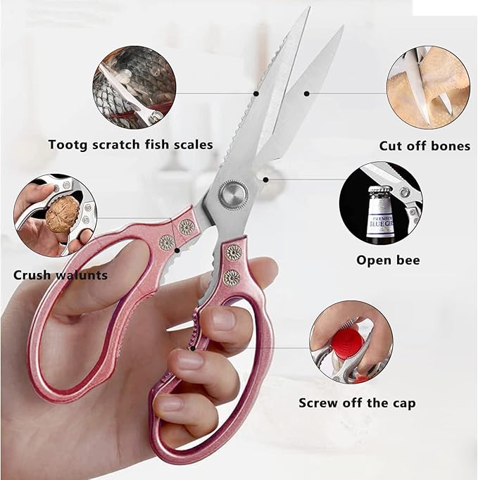 AWinjoy Kitchen Scissors, Heavy Duty Sharp Shears Dishwasher Safe, Rose Gold Cooking Accessories for Meat, Chicken, Fish, Poultry, Herb, Bread - Image 3