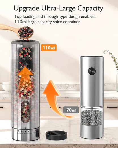 Electric Salt and Pepper Grinder Set, Upgraded 2-Speed Setting, External 6 Adjustable Coarseness, USB C Dual Rechargeable Base, All Stainless Steel Automatic Salt & Pepper Mill Shakers with LED Light - Image 6
