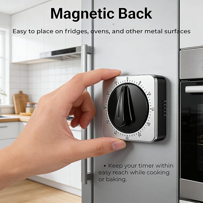 Searon Kitchen Timers for Cooking, Mechanical Wind Up Timer with Loud Ring, Magnetic Back, No Battery Needed, Stainless Steel Countdown Timer for Cooking and Baking - Image 6