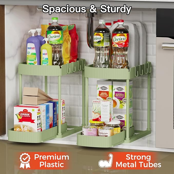Ukeetap 2 Pack Multi-Purpose Pull-Out Storage Organizers, Under Sink Organizers and Storage for Bathroom & Kitchen, Under Cabinet Organizers and storage, 14.8 Inch, Green - Image 3