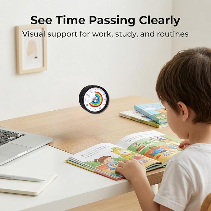 Searon Quiet Visual Timer with Magnet, Countdown Timer with Rainbow Disk and LED Alert, Easy Time Management for Home, Office, Kitchen & Study Desk (Black)