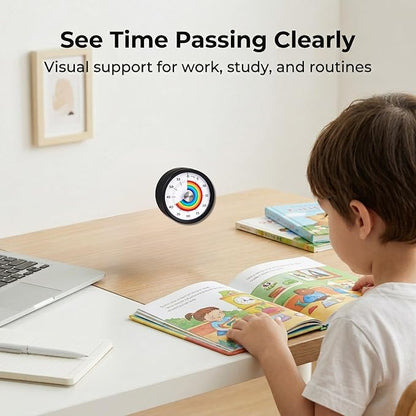 Searon Quiet Visual Timer with Magnet, Countdown Timer with Rainbow Disk and LED Alert, Easy Time Management for Home, Office, Kitchen & Study Desk (Black)