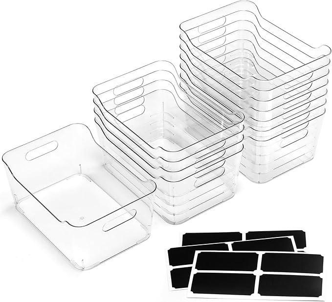 12 PACK Multi-Use Clear Plastic Storage Bins for Organizing w/ Labels - Home, Kitchen, Pantry, Bathroom, Office, Cabinet Shelf Organizer Bins - SOHO Collection, RV, Fridge Organization Containers -XL - Image 2