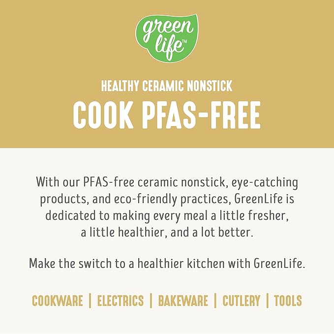 GreenLife 16 Piece Nonstick Cookware Set, Soft Grip Non-Toxic PFAS-Free Ceramic Pots & Pans, Dishwasher & Oven Safe, Frying, Sauce, Saute, Utensils, Glass Lids, Stay-Cool Handles, Wobble Free, Yellow - Image 9