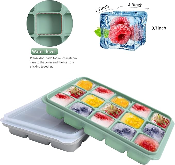 Ice Cube Trays Set of 2, Easy Release 15 Flexible Silicone Ice Cube Molds with Removable Lid Reusable Freezer Ice Trays Stackable for Whiskey, Baby Food, BPA Free (GREEN+GRAY) - Image 3
