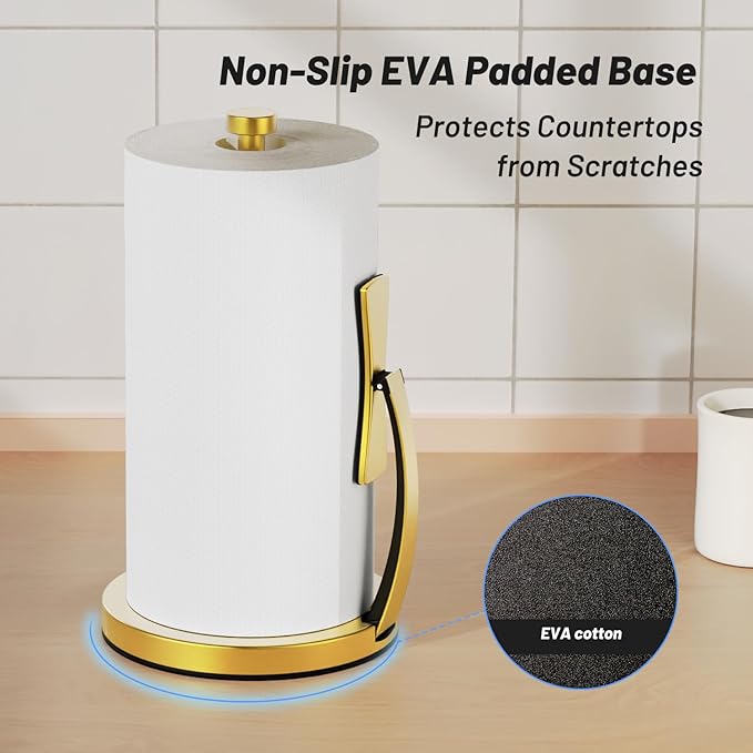 VEHHE Gold Paper Towel Holder Countertop, One-Handed Tear, Stainless Steel, Stand Paper Towel Holder with Spring Activated Arm & Non Slip Weighted Base, for Kitchen Bathroom - Image 3