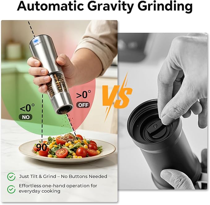 StarOcean Electric Salt and Pepper Grinder Set, Automatic Gravity Grinder with Rechargeable Base, 5 Adjustable Coarseness, Leak-Proof & Mess-Free, USB-C Charging, Stainless Steel
