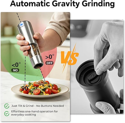 StarOcean Electric Salt and Pepper Grinder Set, Automatic Gravity Grinder with Rechargeable Base, 5 Adjustable Coarseness, Leak-Proof & Mess-Free, USB-C Charging, Stainless Steel
