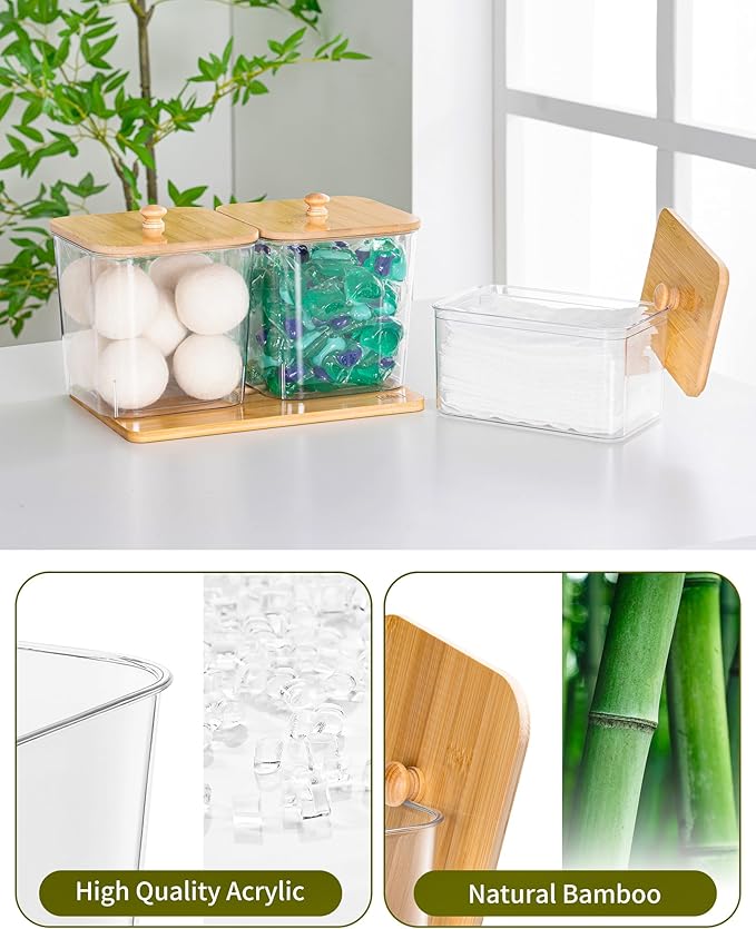 iCASA Trash Bag Dispenser Dishwasher Pod Holder - 5 in 1 Plastic Garbage Bag Under Sink Organizer, Acrylic Dryer Sheet Balls Laundry Pods Container with Bamboo Lid, Pantry Organizers and Storage Box - Image 5