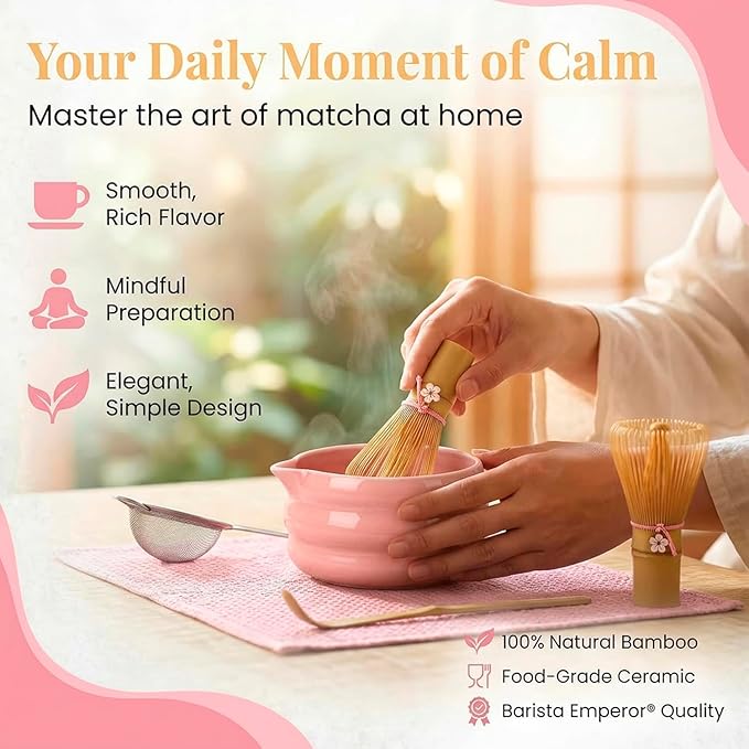 BARISTA EMPEROR® MATCHA WHISK SET PREMIUM 11pcs - Professional Matcha Kit Set with Matcha Bowl, Matcha Whisk, Milk Frother, Spoon, Sifter, Scoop, Stand, Cup, Mat - Aesthetic Pink Matcha Set Kit