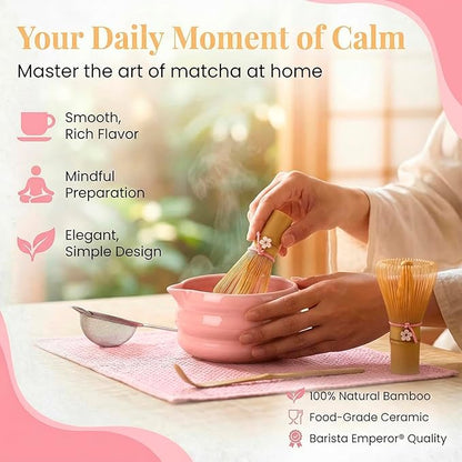 BARISTA EMPEROR® MATCHA WHISK SET PREMIUM 11pcs - Professional Matcha Kit Set with Matcha Bowl, Matcha Whisk, Milk Frother, Spoon, Sifter, Scoop, Stand, Cup, Mat - Aesthetic Pink Matcha Set Kit