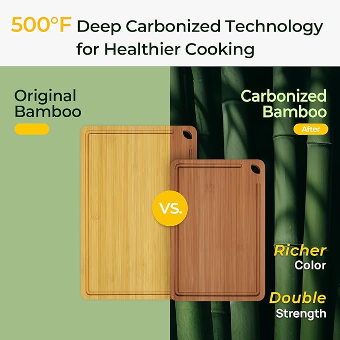 Keechee Butcher Block 2-Pcs Carbonized Bamboo Cutting Board Set With Juice Groove For Meal Prep & Cheese Serving - Ideal Kitchen Gift Set of 2 (M+L) - Image 2