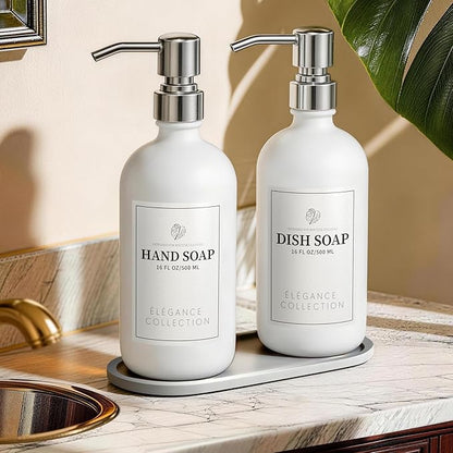 White Glass Soap Dispenser Set of 2, 16oz Hand and Dish Soap Dispenser for Kitchen & Bathroom, Silver Stainless Steel Pump, Non-Slip Base, 14 Waterproof Labels, Minimalist Decor by FachixyUS