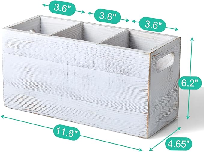 ALELION Rustic White Utensil Holder with Removable Divider - 3 Compartment Wooden Utensil Caddy Organizer for Kitchen Counter - Cooking Utensil Crock for Countertop - Image 7