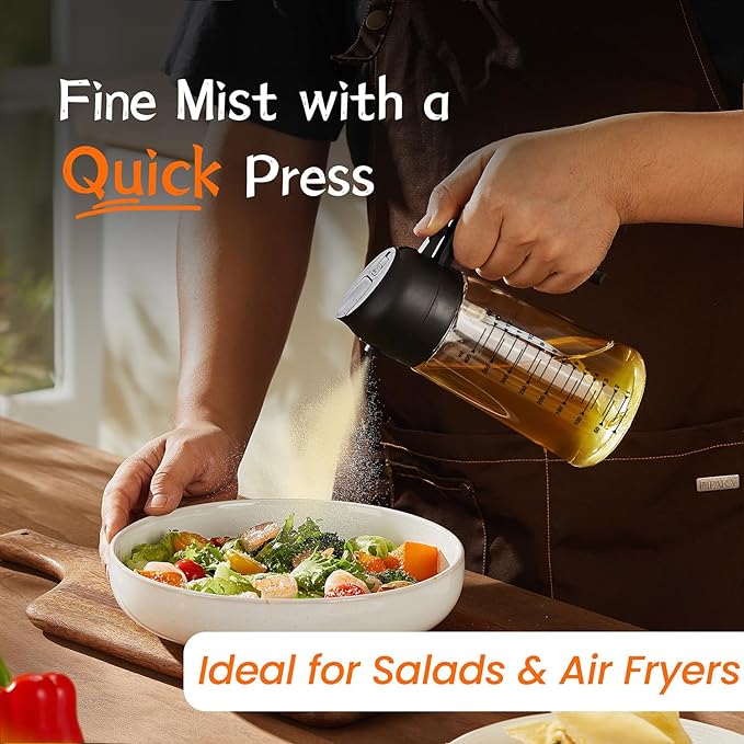 TrendPlain 16oz/470ml Glass Olive Oil Sprayer for Cooking – 2 in 1 Olive Oil Dispenser Bottle for Kitchen Gadgets and Air Fryer Accessories, Salad, BBQ - Black & White - Image 2