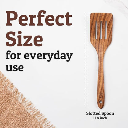 PriorityChef Teak Wooden Slotted Turner - Premium Wood Spatula for Cooking - Nonstick-Safe Kitchen Utensil - Handcrafted Wooden Turner for Flipping & Stirring