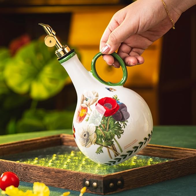 Ceramic Olive Oil Dispenser, 27 oz Floral Pattern Cruet with Auto-Close Spout, 9.45" Tall, Decorative Oil and Vinegar Bottle (Papaver rhoeas)