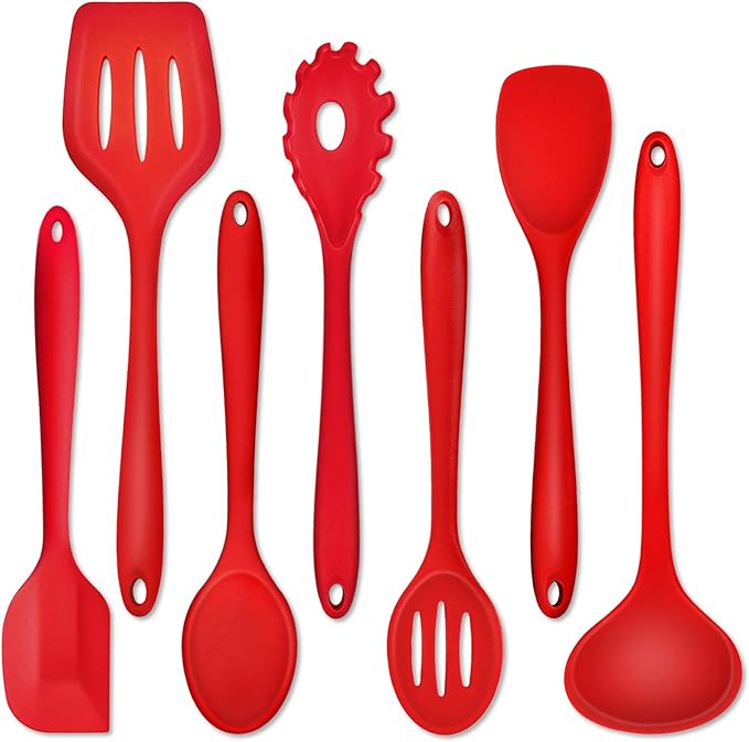 P&P CHEF Silicone Cooking Utensils Set of 7, Heat-proof Kitchen Utensils Set for Nonstick Cookware, Non-stick Spatula, Slotted Turner, Soup Ladle, Pasta Server, Spoon for Cooking Serving - Red by PPCHEF
