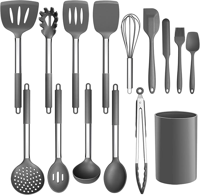 LIANYU 15-Piece Cooking Kitchen Utensils Set with Holder, Silicone Kitchen Tools Stainless Steel Handle, Slotted Spatula Spoon Turner Tong Whisk Brush for Cooking, Gray by LIANYU