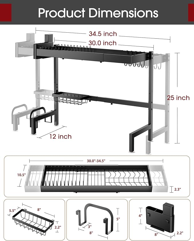Sakugi Over The Sink Dish Drying Rack, Expandable 2-Tier Stainless Steel Kitchen Storage Organization Accessories for Countertop, Rustproof & Space-Saving, 30"–34.5" L x 12" W x 25" H, Black - Image 6