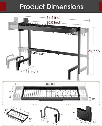 Sakugi Over The Sink Dish Drying Rack, Expandable 2-Tier Stainless Steel Kitchen Storage Organization Accessories for Countertop, Rustproof & Space-Saving, 30"–34.5" L x 12" W x 25" H, Black - Image 6