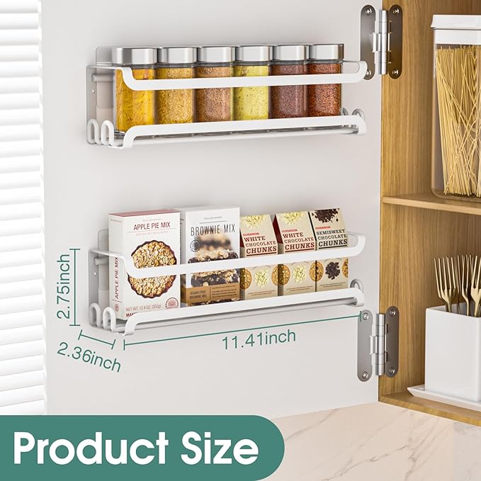 LUCYCAZ 4 Pack Wall Mounted Spice Rack with 16 Hooks, Spice Organizer Shelf for Stove Cabinet Pantry Door,Screw or Adhesive Spice Shelf Hanging Wall Spice Rack in Kitchen and RV (White, 4 PACK) - Image 2