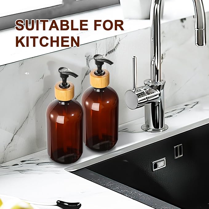 KASUNTING Amber Soap Dispenser Plastic, Brown Dish Soap Dispenser with Bamboo Pump for Kitchen,17 Fl Oz Hand and Dish Dispenser Set for Bathroom, Farmhouse Liquid Soap and Lotion Dispensers Bottle - Image 7