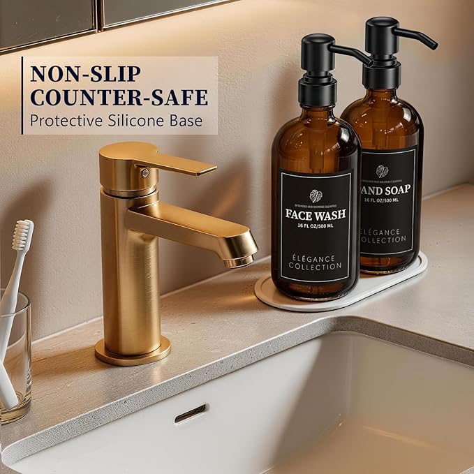 Amber Glass Soap Dispenser for Kitchen Sink and Bathroom - 2 Pack 16oz Slim Profile Bottles with Rust-Proof Stainless Steel Pump, Non-Slip Base & 14 Waterproof Labels for Home Organization - Image 4