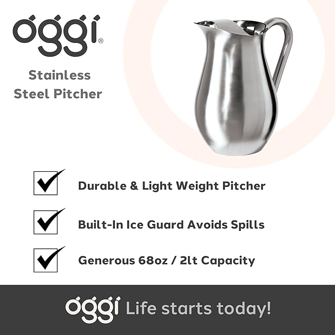 OGGI Stainless Steel Pitcher- Stainless Steel Water w/Ice Guard, Water Carafe, Great Metal Container for Entertaining, Ideal 68oz / 2 Lt Drink Pitcher - Image 7