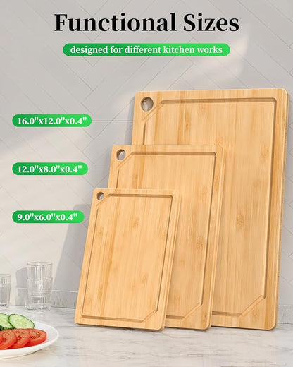 Kitchen Cutting Board Set - 3-Piece Wooden Cutting Boards for Kitchen with Juice Groove, Handles, Hang Holes, Stylish Kitchen Essentials for Chpping & Serving, Natural, 0.4"Th - (XL+M+S) - Image 2