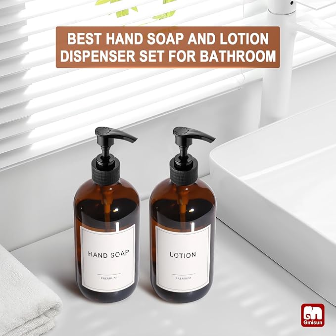 GMISUN Amber Glass Soap Dispenser, 2 Pack Bathroom Hand Soap Dispensers with Plastic Pump, 17 Fl Oz Kitchen Hand and Dish Soap Dispenser Set, Modern Vintage Liquid Brown Soap Dispensers Bottle - Image 5