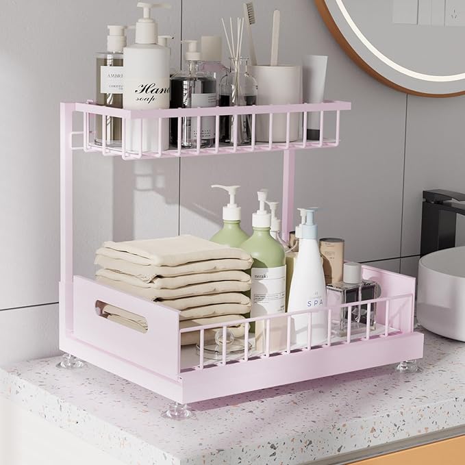 Saydear Under Sink Organizer Storage 2-Tier Premium Metal Pull-Out Kitchen Cabinet Organizer with Sliding Drawer, Height Adjustable, Heavy Duty for Kitchen & Bathroom Organizers 1 Pack Pink - Image 3