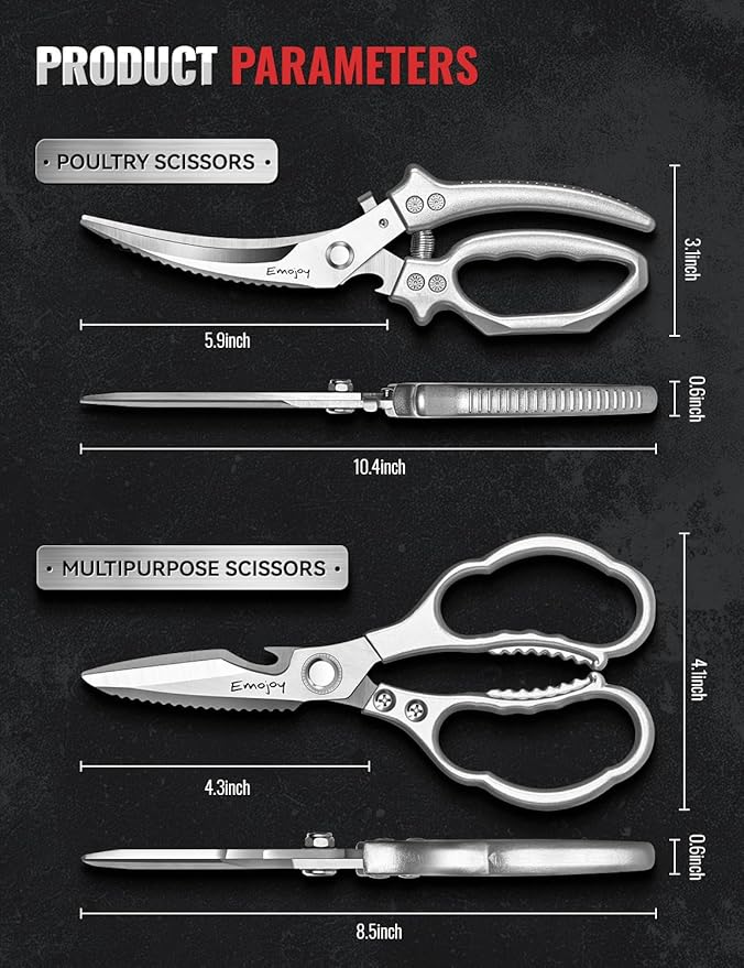 Emojoy 2-Piece Kitchen Scissors Set with Poultry Shears, Japanese Stainless Steel Kitchen Shear, All Purpose Scissor for Food, Chicken Bones, Dishwasher Safe - Image 2